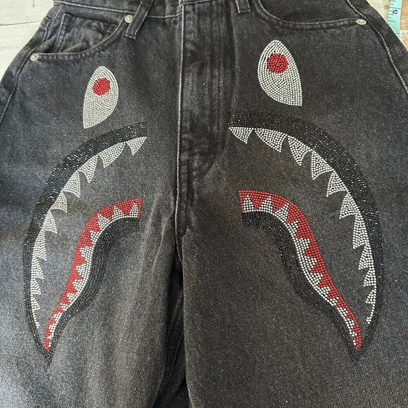 Bape Crystal Stone Shark High Waist Ankle Cropped Jeans Black Size XS - Picture 15 of 15